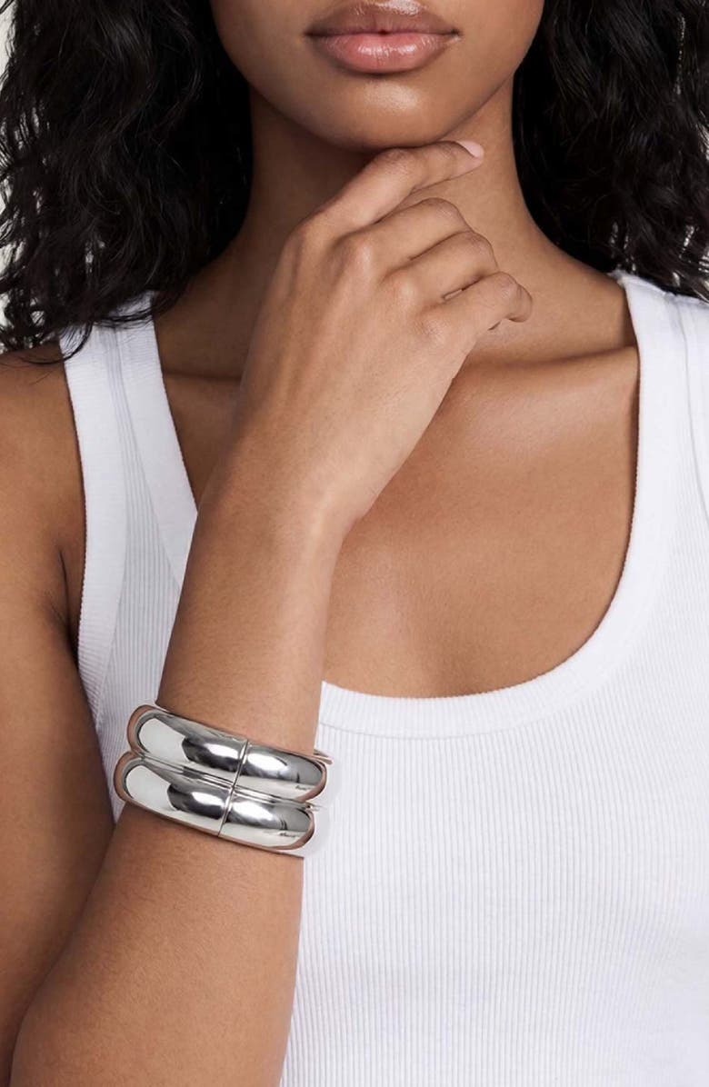 Ettika Set of 2 Stackable Hinged Bangle Bracelets, Alternate, color, Silver