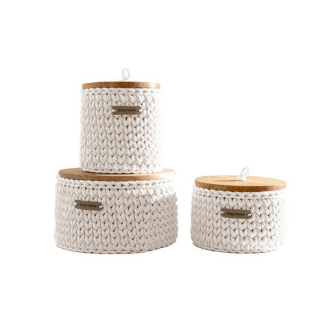 Round Storage Baskets w/ Wooden Lid Recycled - Set of 3