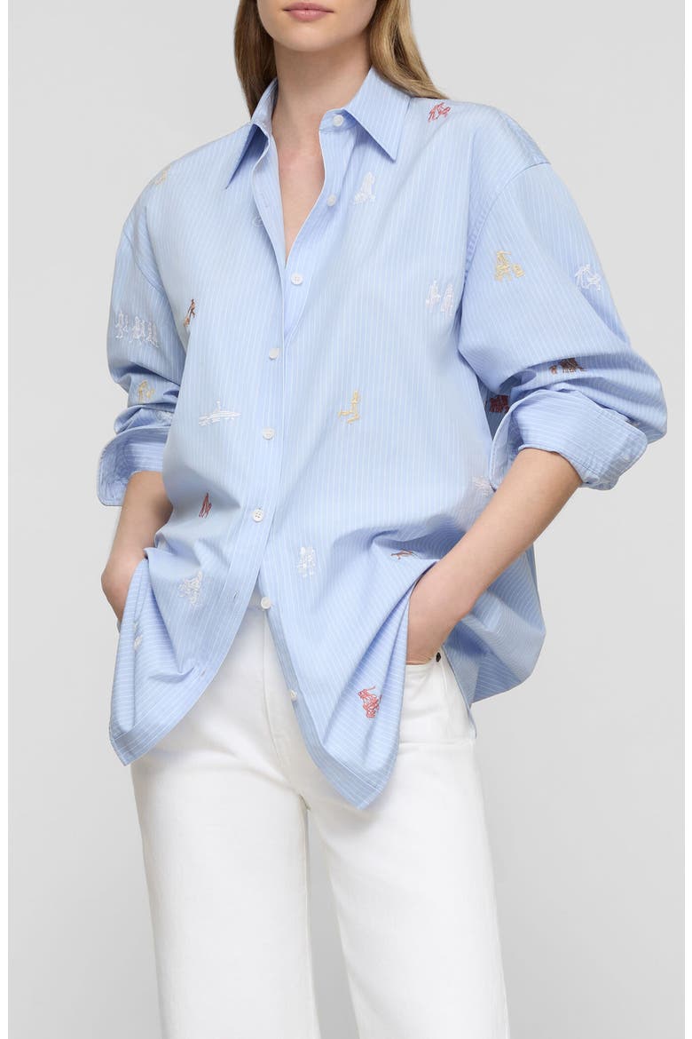 Oversize Stripe Emrboidered Poplin Button-Up Shirt, Main, color, SKYLINE BLUE MULTI