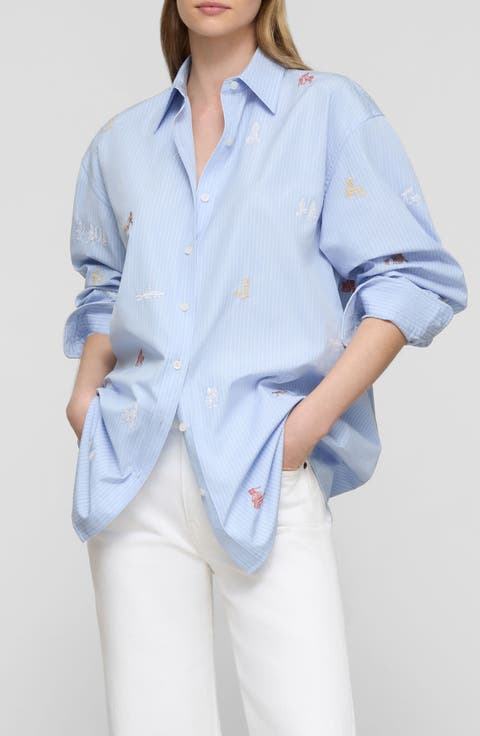 Oversize Stripe Emrboidered Poplin Button-Up Shirt