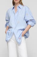Lafayette 148 New York Oversize Stripe Emrboidered Poplin Button-Up Shirt