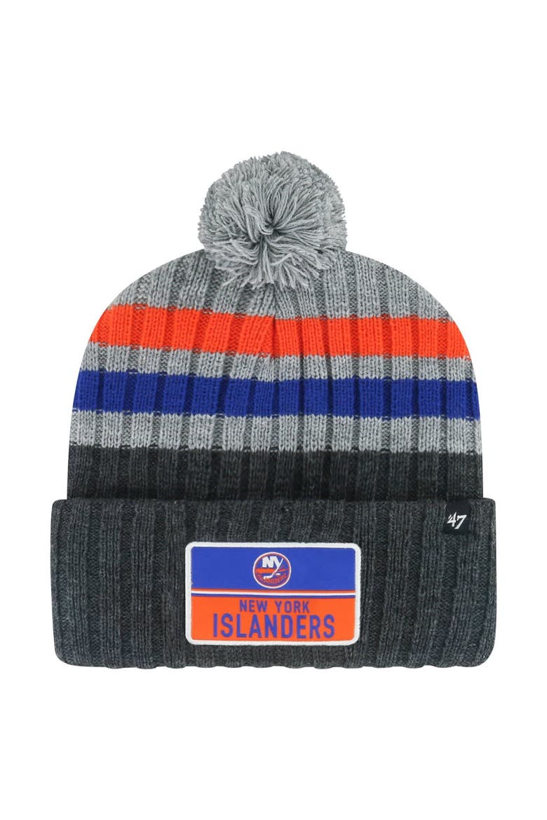 Men's '47 Gray New York Islanders Stack Patch Cuffed Knit Hat with Pom, Main, color, Gray