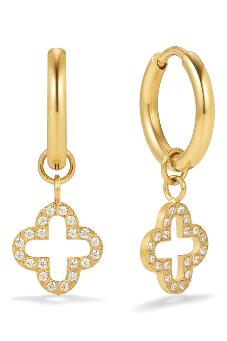 Pavé Clover Huggie Hoop Earrings, Main, color, GOLD