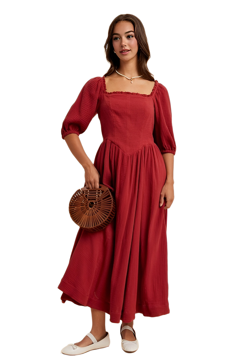 Knit and Lounge Square-Neck Puff Sleeve Midi Dress, Alternate, color, Soft Crimson