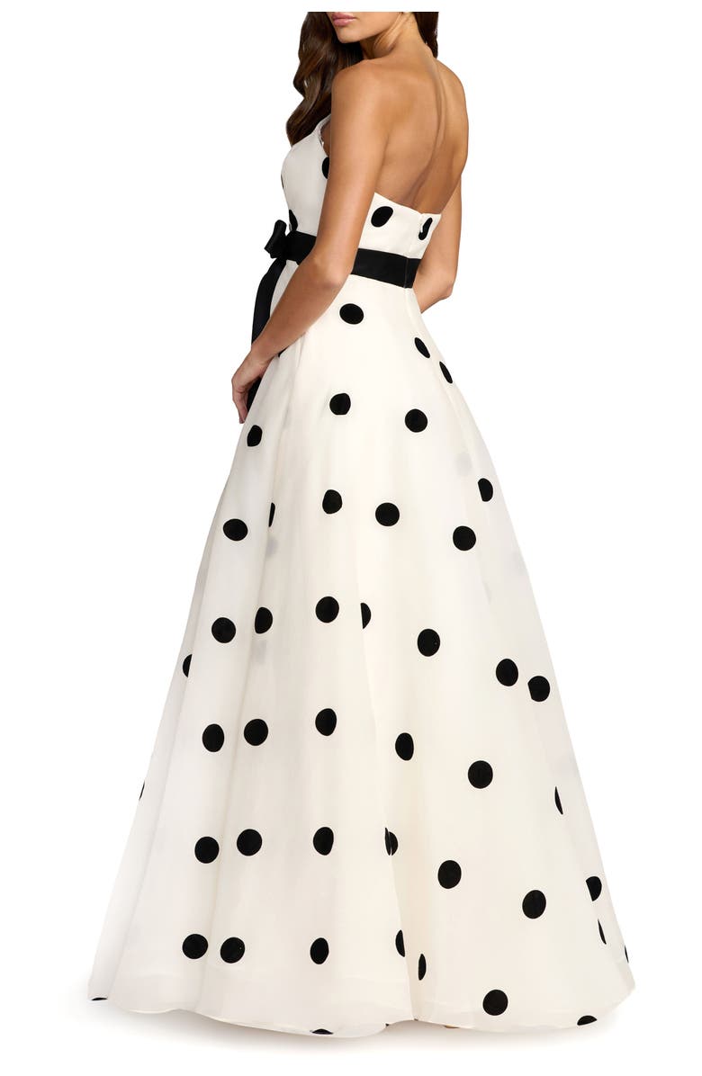 Mac Duggal Strapless Polka Dot Organza Ball Gown with Satin Bow, Alternate, color, Black Ivory