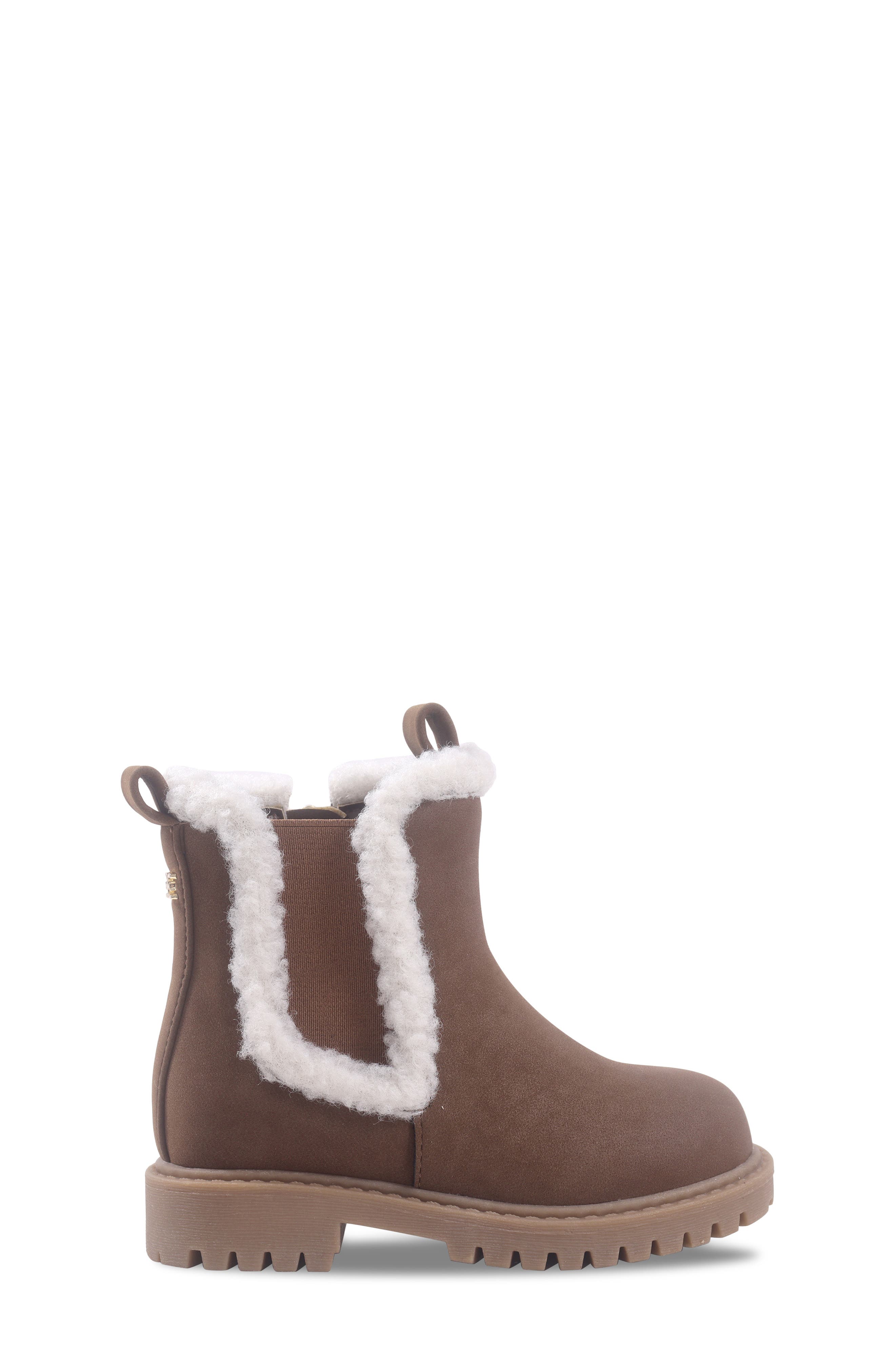 Kids' Lucianna Faux Fur Trim Faux Leather Boot, Alternate, color, BROWN
