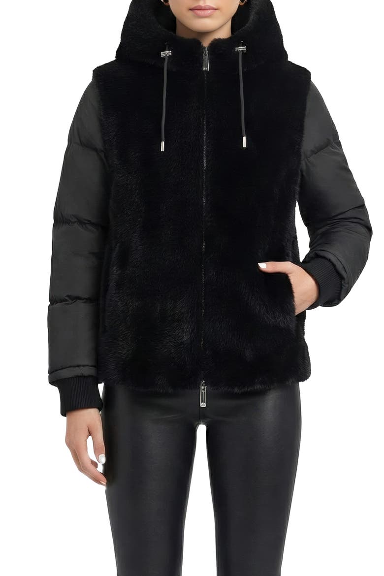 Fur-Free Mink (Faux Fur) Quilted Jacket, Hood, Main, color, BLACK/BLACK