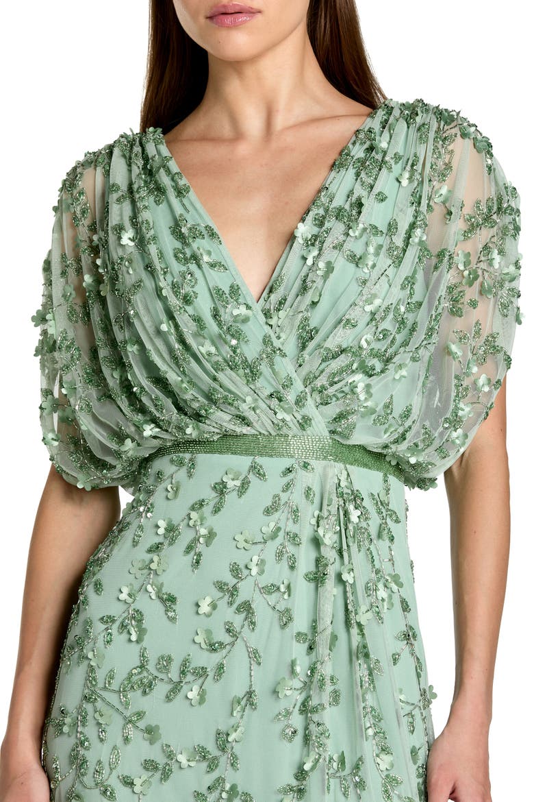 Beaded V-Neck Short Sleeve Blouson Gown, Alternate, color, Seafoam
