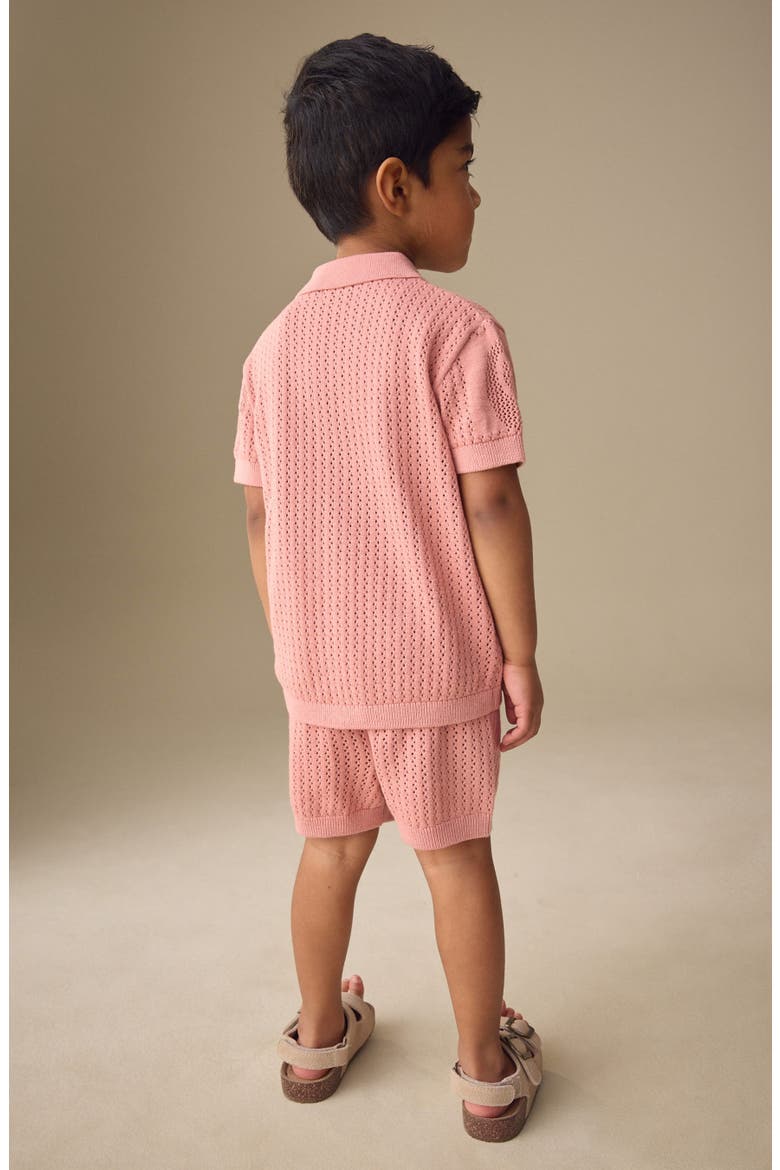 Kids' Leaf Open Knit Camp Shirt & Shorts Set, Alternate, color, PINK