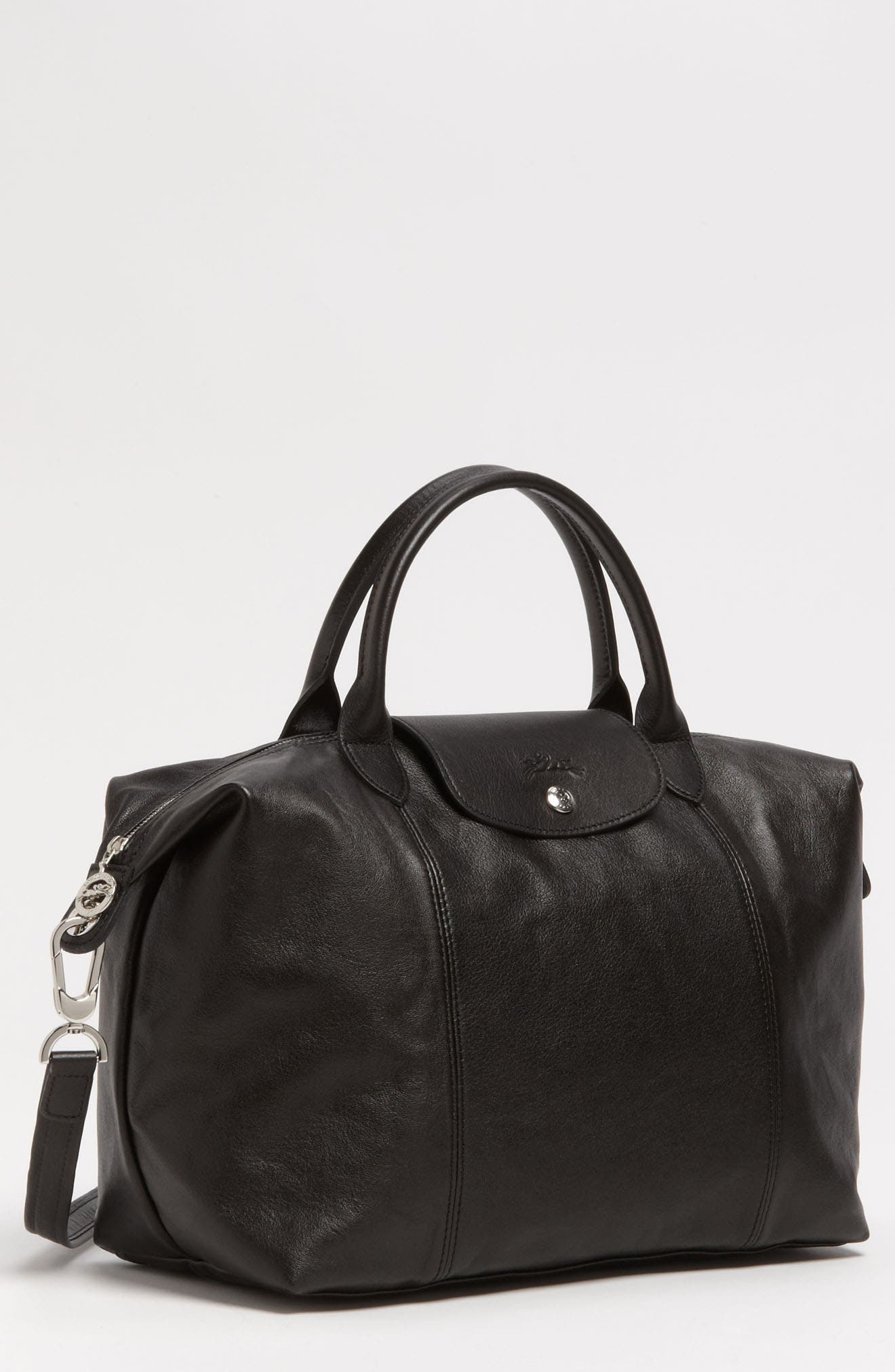Medium 'Le Pliage Cuir' Leather Top Handle Tote, Main, color, BLACK