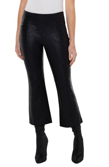 Liverpool Stella Crackle Coated Kick Flare Ponte Crop Pants In Black