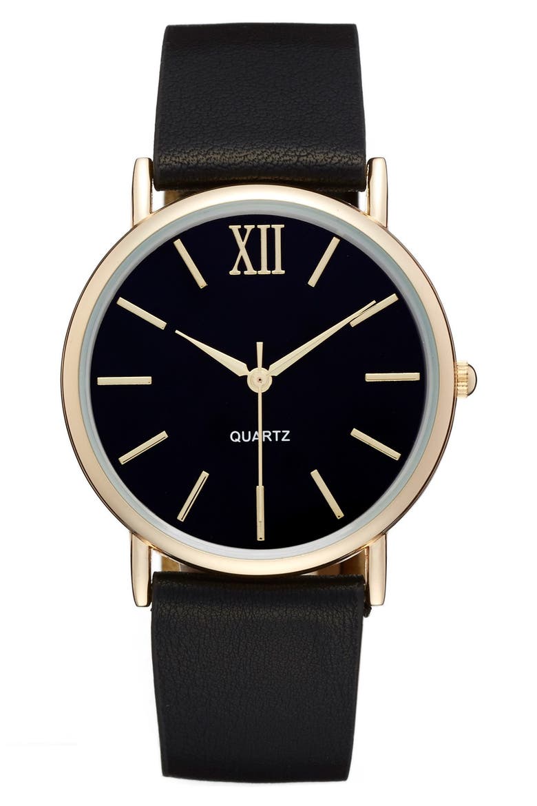 Round Faux Leather Strap Watch, 37mm, Main, color, BLACK/ GOLD