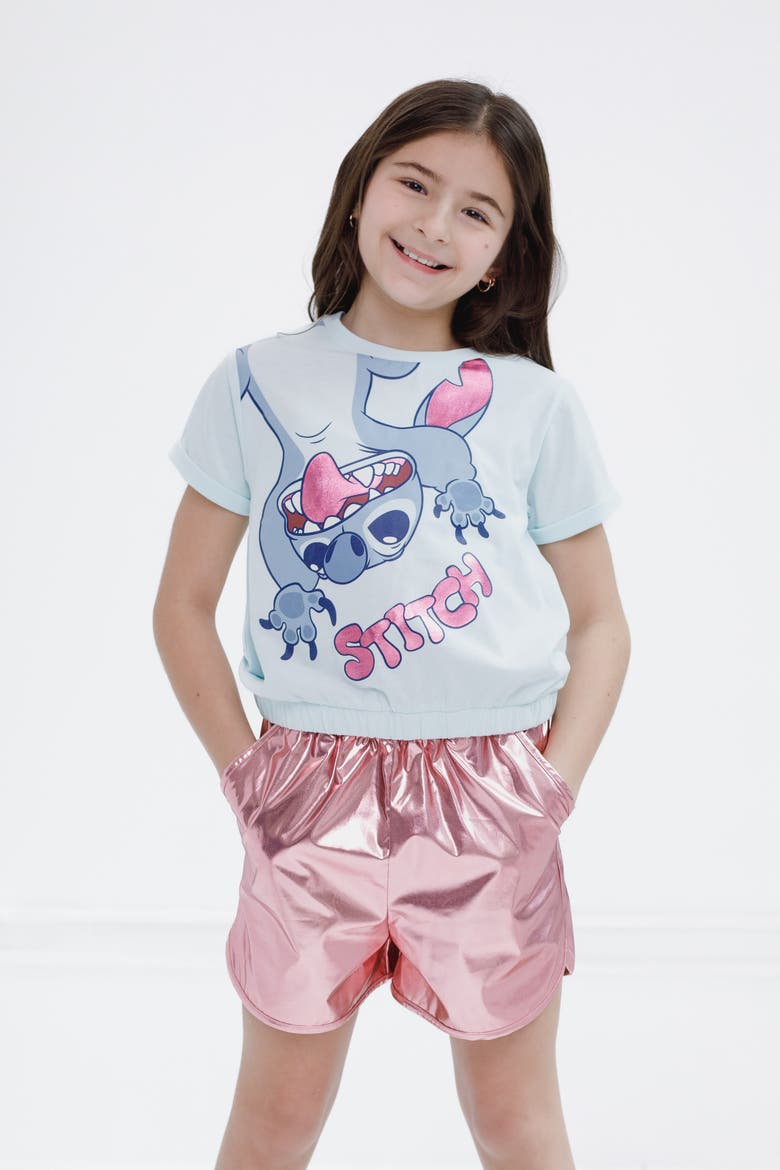 Lilo & Stitch T-Shirt and Iridescent Dolphin Shorts Set, Alternate, color, Blue Pink Stitch