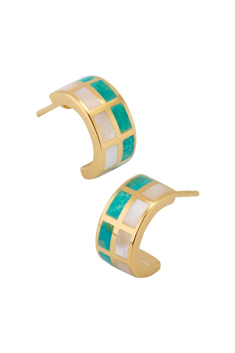 Dash Huggie Earring Set In Sterling With 18K Gold Overlay, Alternate, color, WHITE-TURQUOISE