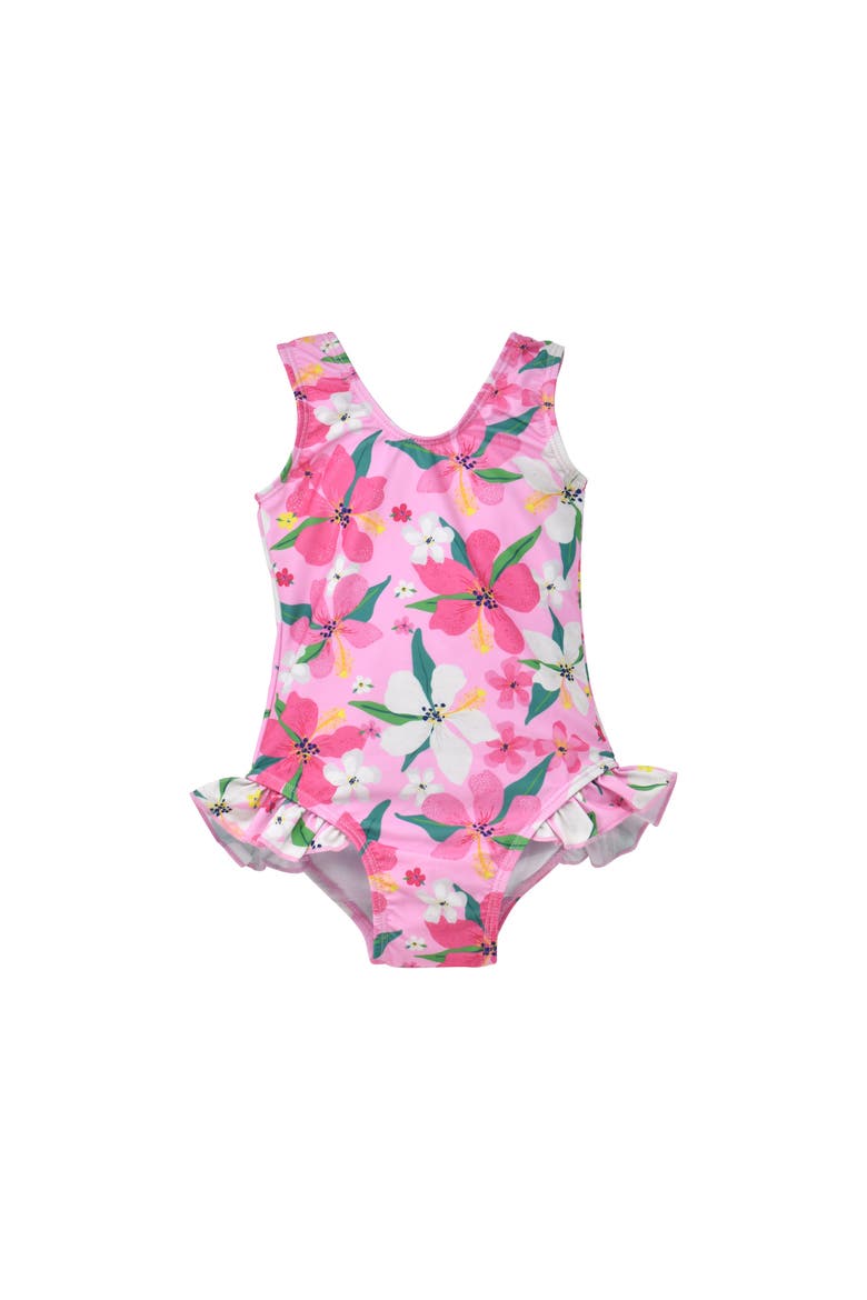 Infant & Toddlers Sun Protective UPF 50+ Delaney Hip Ruffle Swimsuit, Main, color, Hibiscus Dream