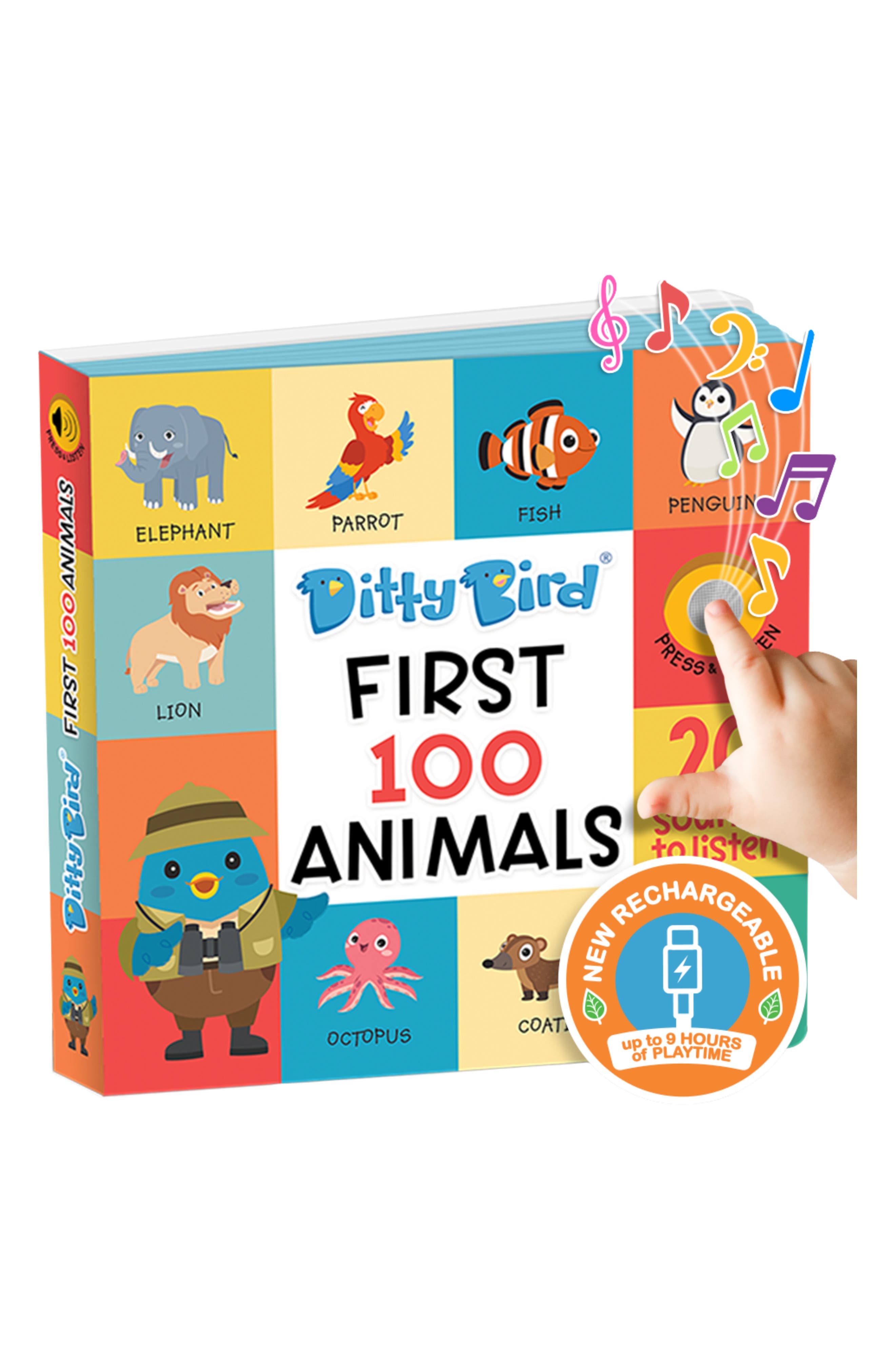 Ditty Bird Kids' First 100 Animals Interactive Sound Book in Yellow Multi 