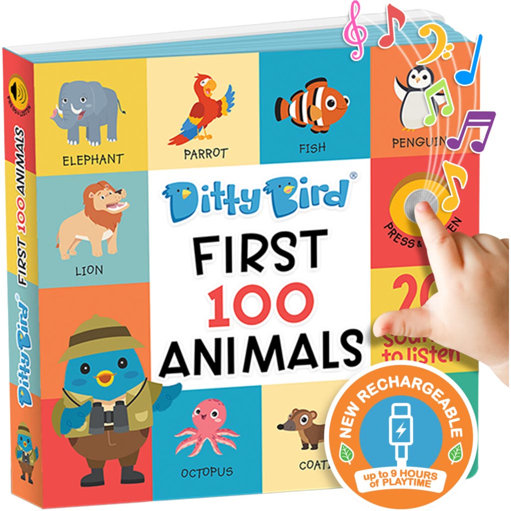 Ditty Bird Kids' First 100 Animals Interactive Sound Book in Yellow Multi  product