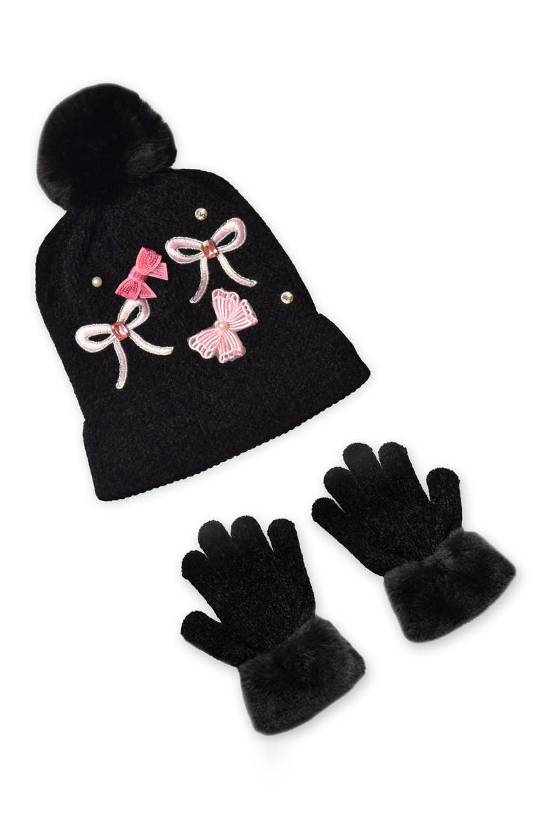Kids' Faux Fur Pompom Bow Gem Chenille Beanie & Gloves Set, Main, color, BLACK