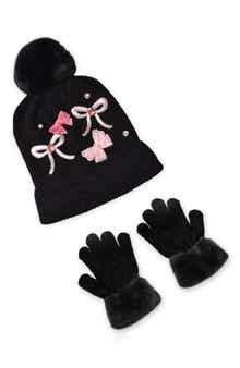 Kids' Faux Fur Pompom Bow Gem Chenille Beanie & Gloves Set