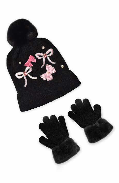 Kids' Faux Fur Pompom Bow Gem Chenille Beanie & Gloves Set