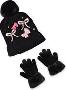 OMG Accessories Kids' Faux Fur Pompom Bow Gem Chenille Beanie & Gloves Set
