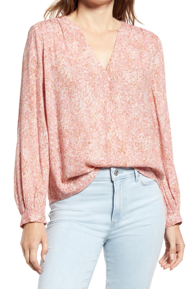 V-Neck Long Sleeve Crinkle Crepe Shirt, Main, color, PURPLE- PINK SUNFLOWER