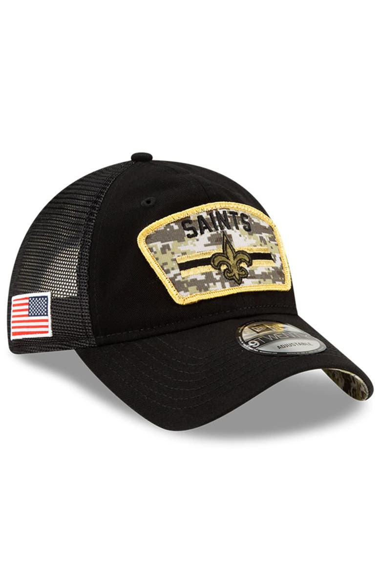 New Era Youth New Era Black/Camo New Orleans Saints 2021 Salute To Service Trucker 9TWENTY Snapback Adjustable Hat, Main, color, 