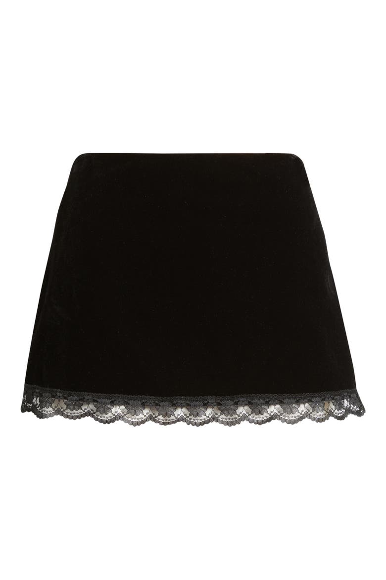 The Lucille Lace Trim Velvet Miniskirt, Alternate, color, BLACK