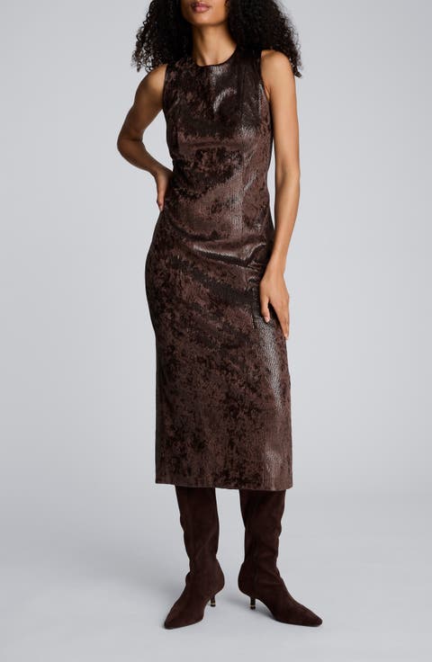 Faux Snakeskin Textured Velvet Sheath Dress