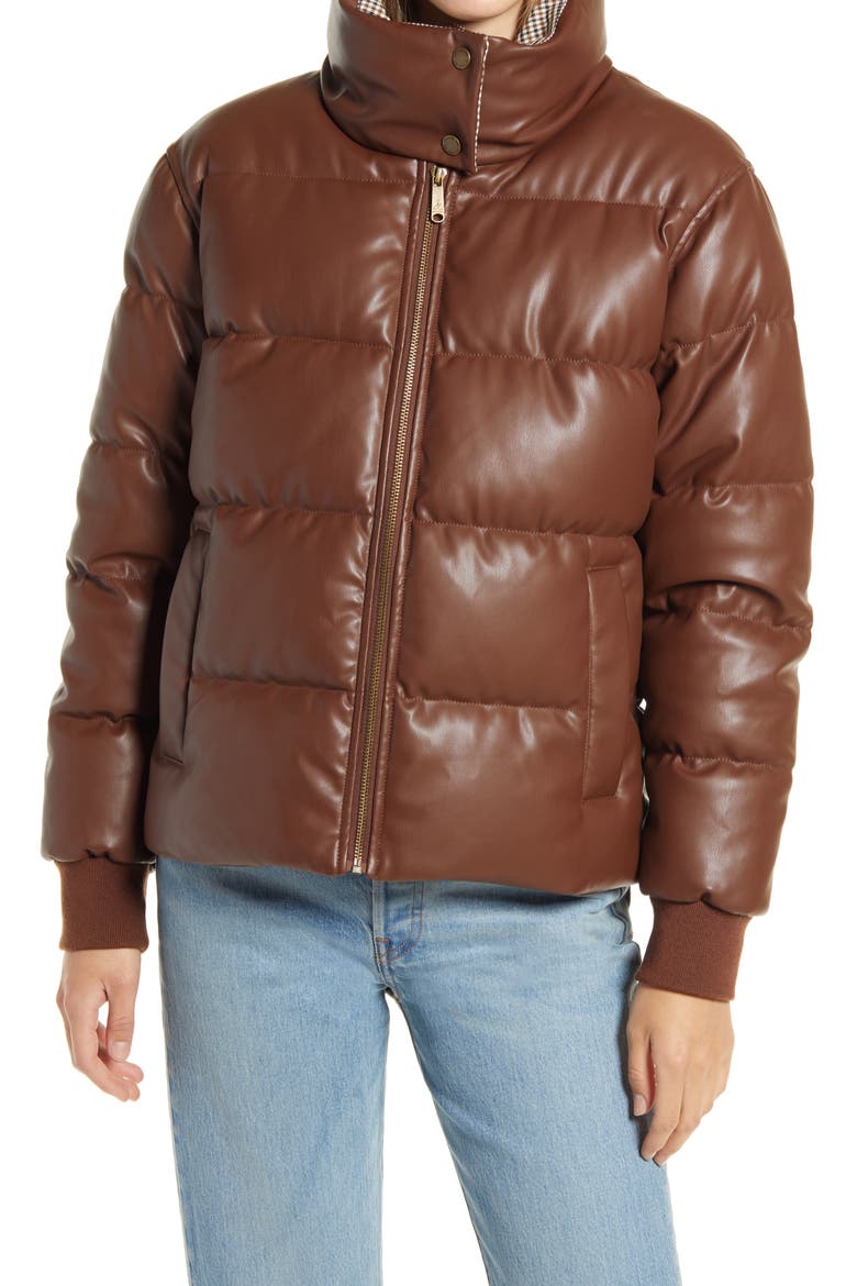 Faux Leather Puffer Jacket, Alternate, color, BROWN