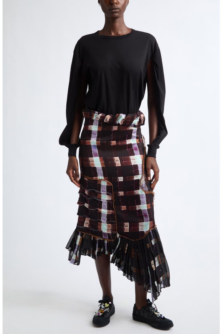 Lily Painted Plaid Asymmetric Satin Midi Skirt, Alternate, color, CHOCOLATE PAINTED PLAID