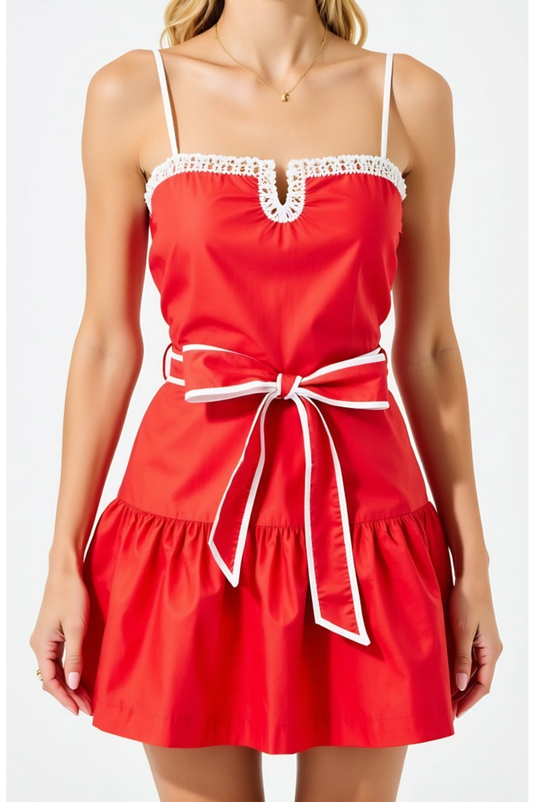 Spaghetti-Strap Crochet-Trim Tie-Waist Mini Dress, Alternate, color, Red