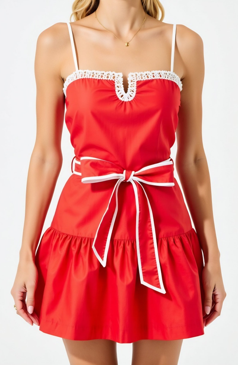 Modenaire Spaghetti-Strap Crochet-Trim Tie-Waist Mini Dress, Alternate, color,