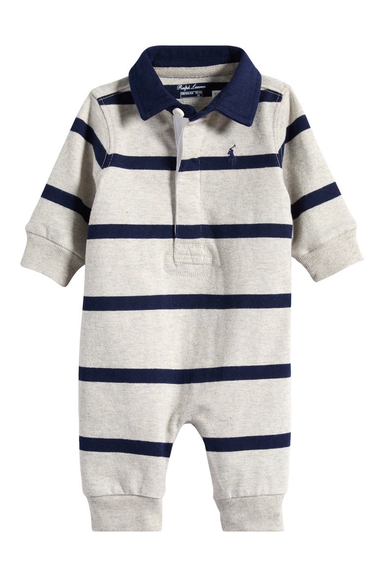 Rugby Stripe Cotton Interlock Polo Romper, Main, color, LIGHT SPORT HEATHER MULTI