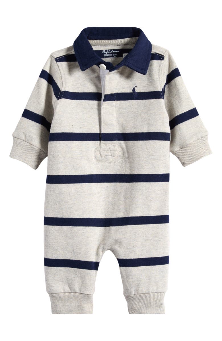 Ralph Lauren Rugby Stripe Cotton Interlock Polo Romper, Main, color, Light Sport Heather Multi