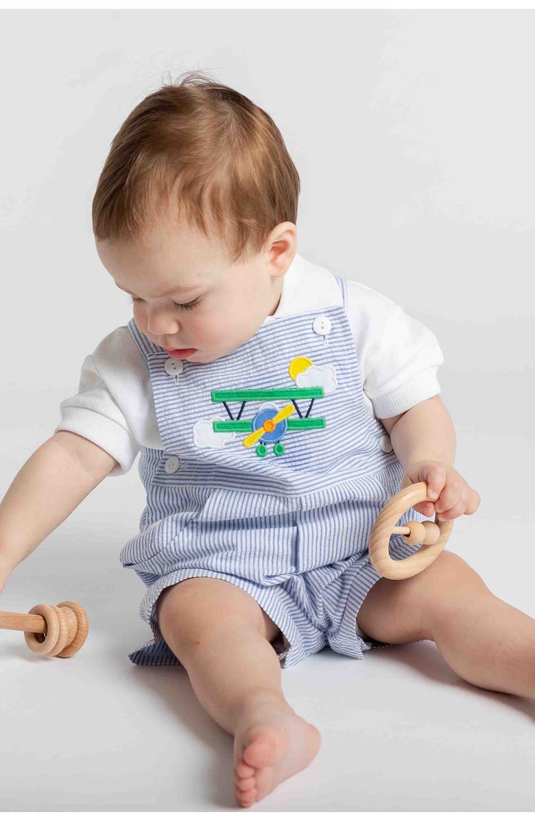 Florence Eiseman Seersucker Shortall With Airplane, Alternate, color, Blue/White