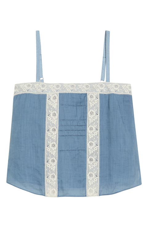 Olivana Floral Lace Trim Chambray Top