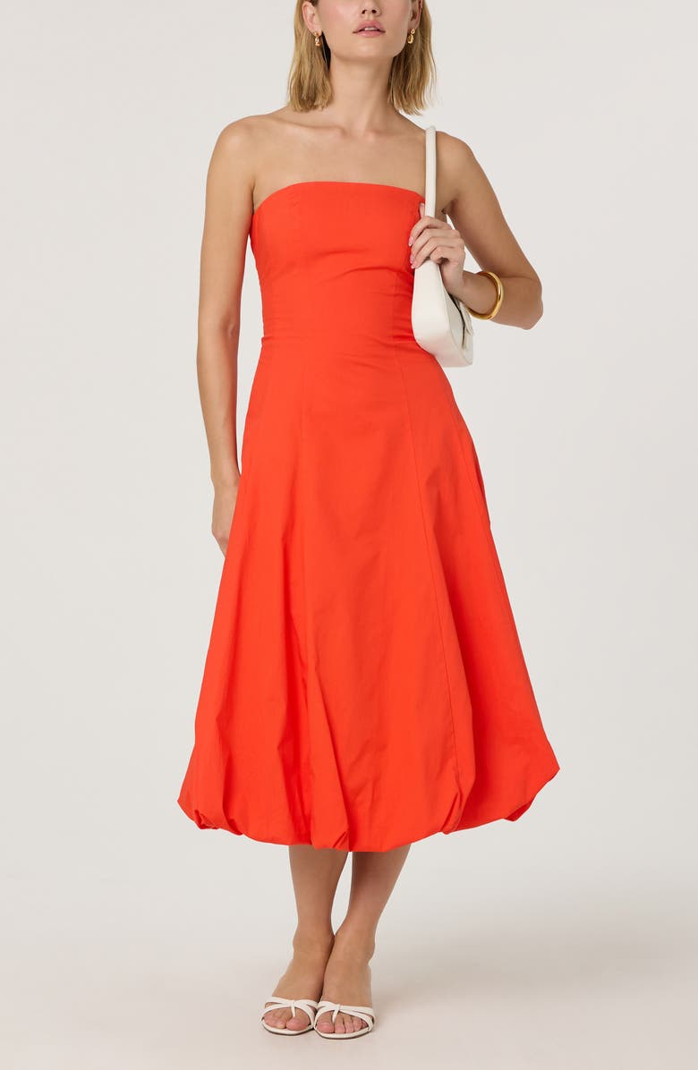 ASTR the Label Strapless Bubble Hem Cotton Poplin Midi Dress, Alternate, color, Tangerine