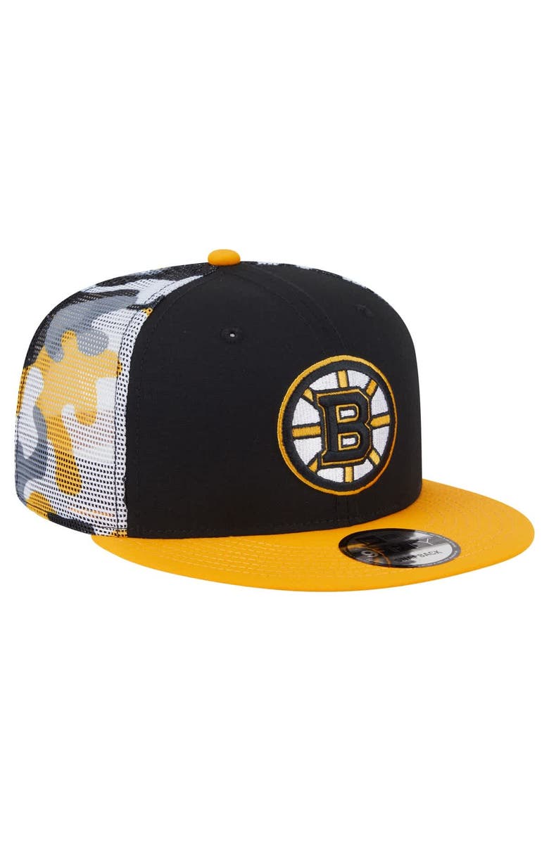 New Era Men's New Era Black/Gold Boston Bruins Camo Meshback 9FIFTY Snapback Hat, Alternate, color, Black