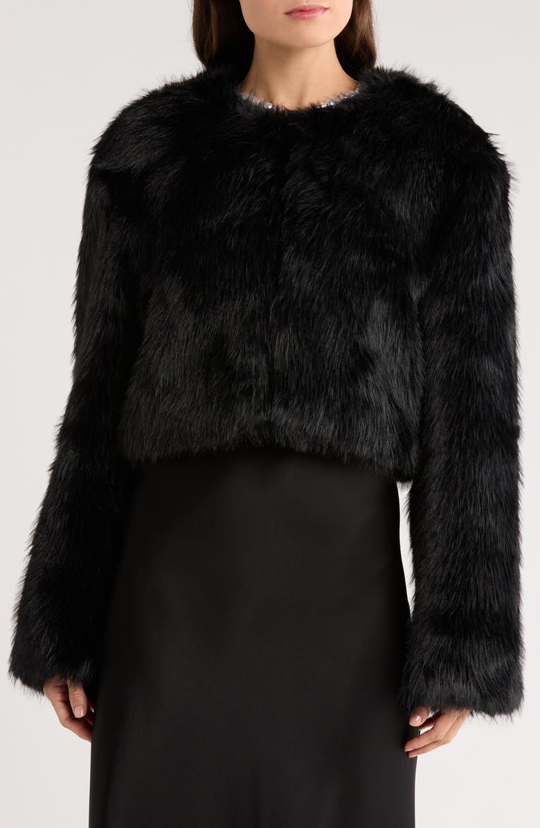 STAUD Casimira Crop Faux Fur Jacket, Alternate, color, Black