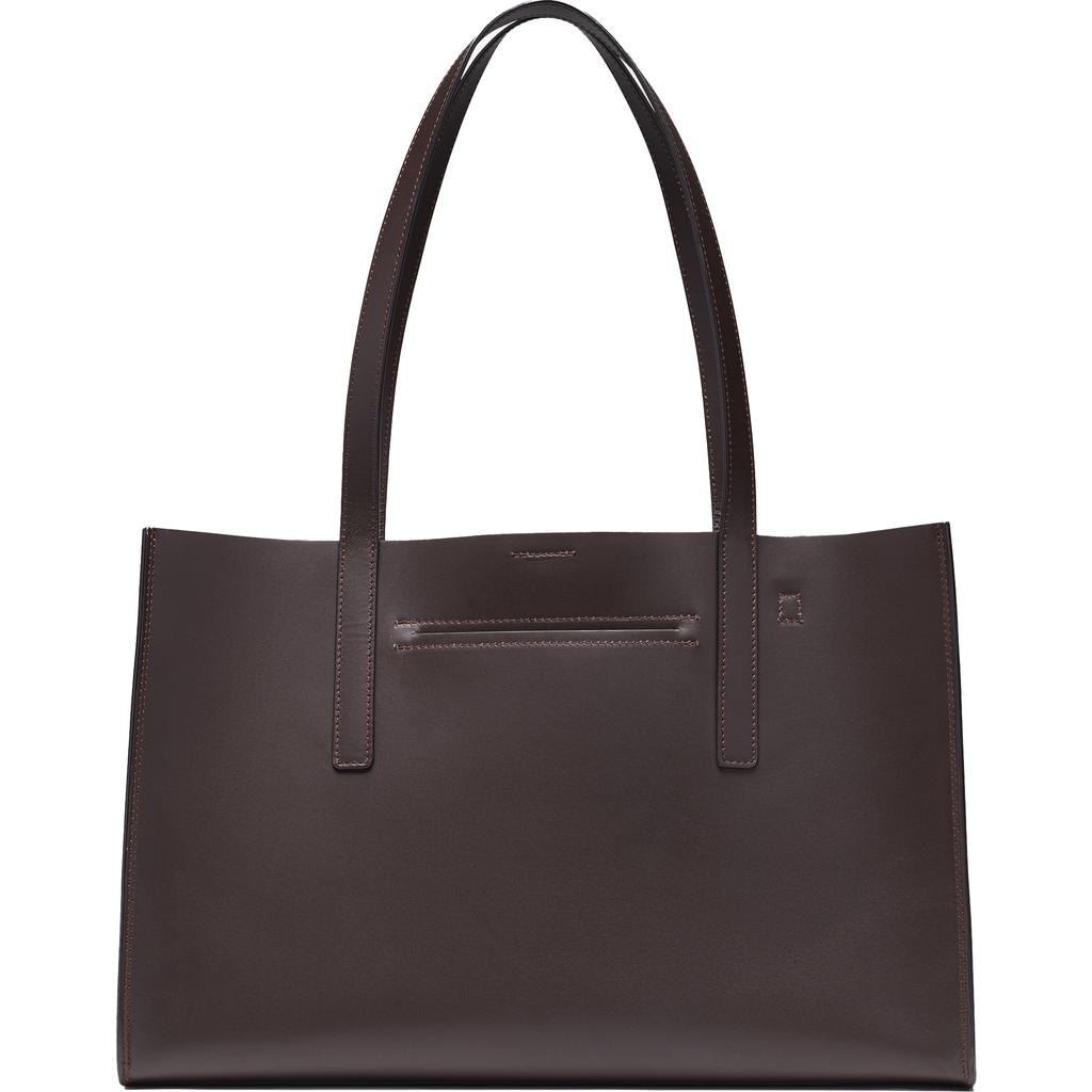 Hyer Goods Upcycled Leather Laptop Tote Bag In Dark Chocolate