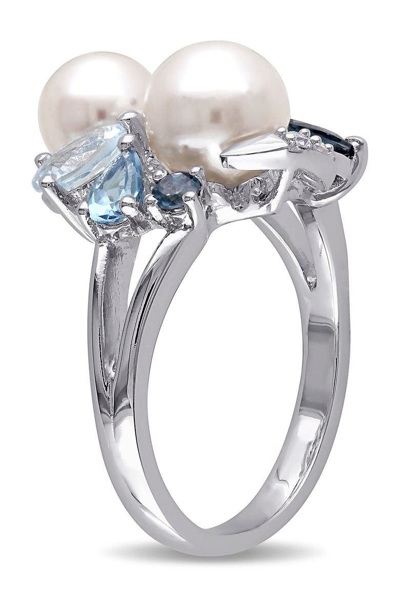 White Freshwater Pearl, Created White Sapphire & Mixed Blue Stone Ring, Alternate, color, BLUE