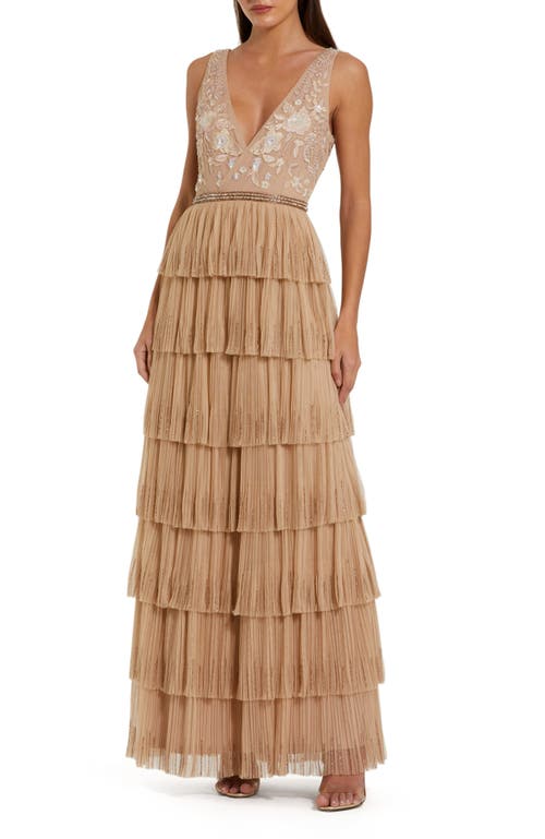 Mac Duggal Beaded Mesh V Neck Gown With Tiered Ruffles In Beige