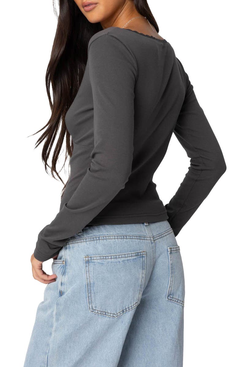 EDIKTED Adrienne Lace Trim Long Sleeve Jersey Top, Alternate, color, Dark-Gray