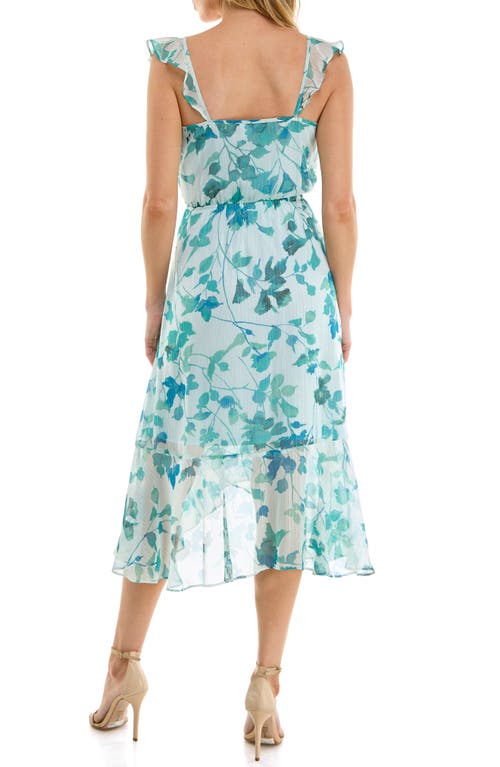 Socialite Ruffle Faux Wrap Chiffon Midi Dress In Blue Teal Vine
