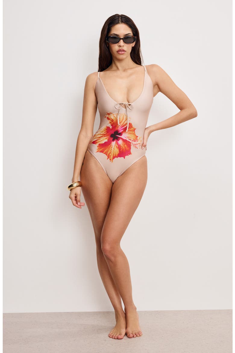 Satin Tiny Ties One-Piece Swimsuit, Alternate, color, CHAMPAGNE TROPICAL HIBISCUS001