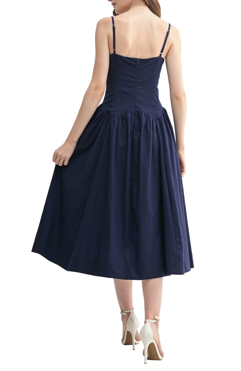 All in Favor Drop Waist Cotton & Linen Midi Dress, Alternate, color, Navy