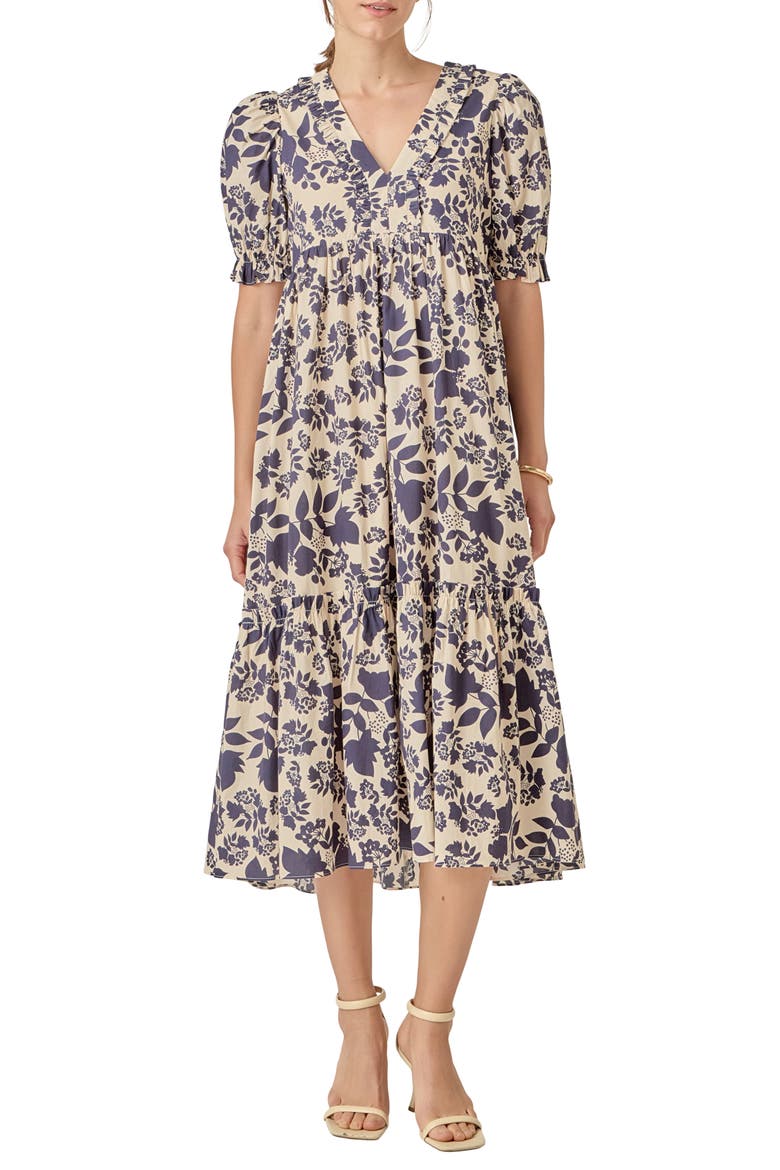 Floral Print Tiered Midi Dress, Main, color, CREAM/ NAVY