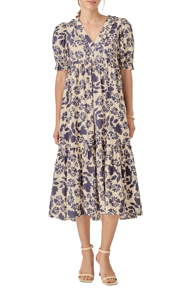 English Factory Floral Print Tiered Midi Dress, Main, color, Cream/ Navy
