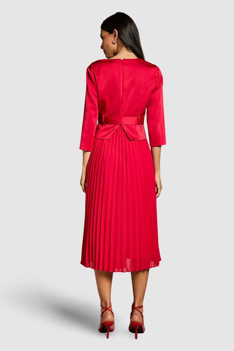 Satin Bodice Pleat Skirt Midi Dress, Alternate, color, Red